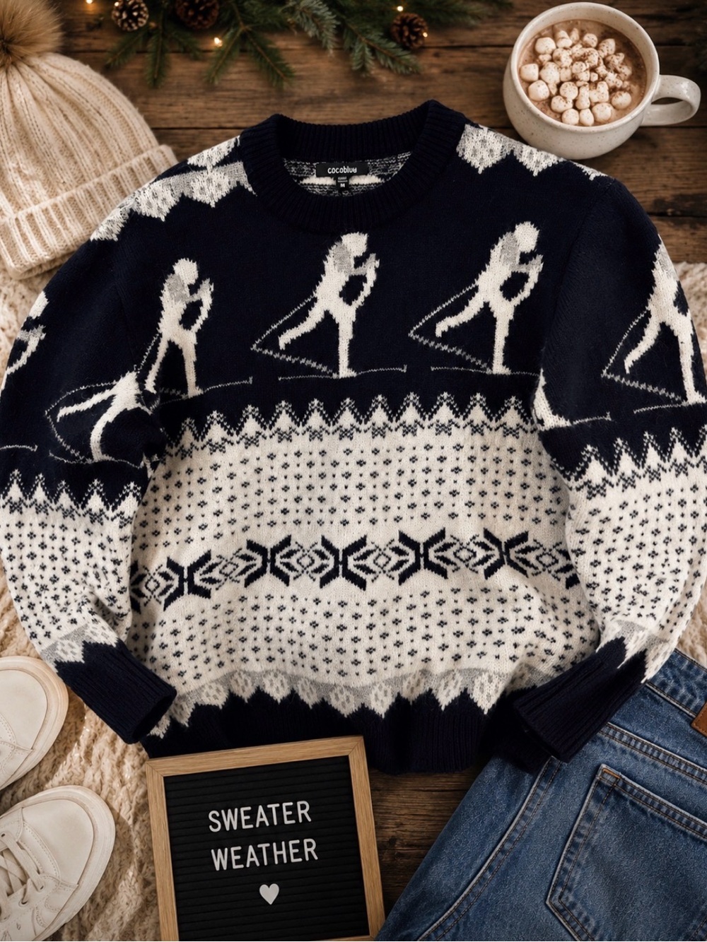 Cocobleu Navy Blue & White Nordic Crewneck Sweater